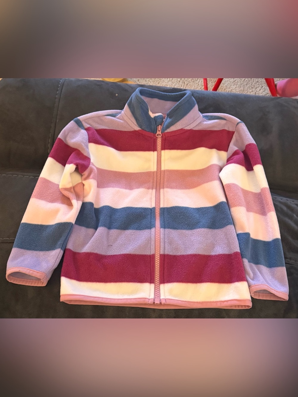 Girls' Striped Fleece Zip-Up Jacket - Pink, Blue & White